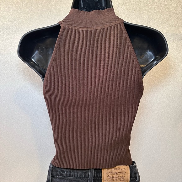 Aritzia Babaton Sculpt Knit Mockneck Halter Top Chocolate Brown - Picture 3 of 15